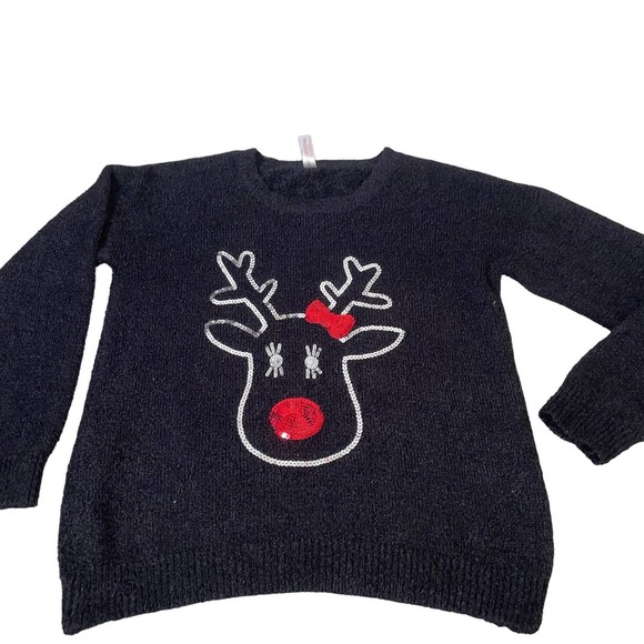 Xhilaration sweater black softSZ  XL Christmas Rudolph reindeer sequined top - Picture 1 of 6